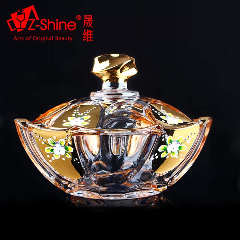 Z-SHINE晟维镀金珐琅彩创意玻璃带盖储物糖缸罐水晶玻璃糖果罐 - 360购物