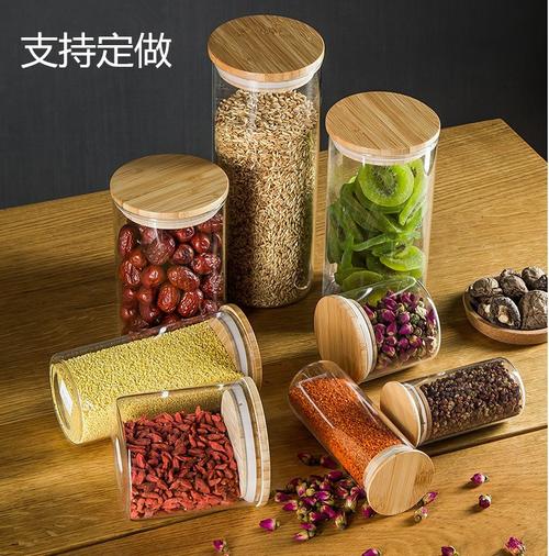 定制直筒玻璃储物罐 竹木盖玻璃密封罐 透明玻璃茶叶罐糖果罐